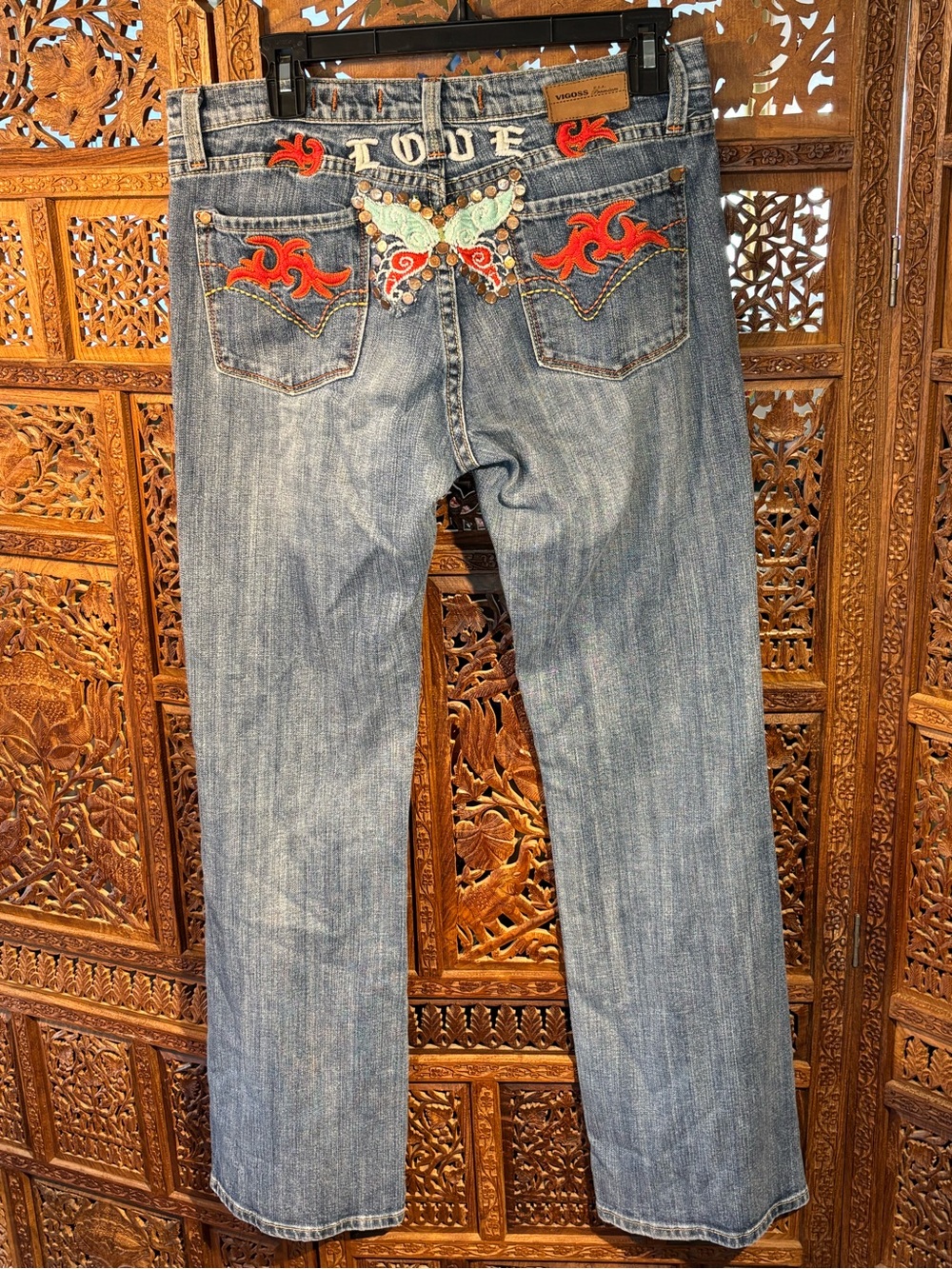 Vintage Vigoss Blue Straight-Leg Jeans with Embroidered Butterfly & Red Accents